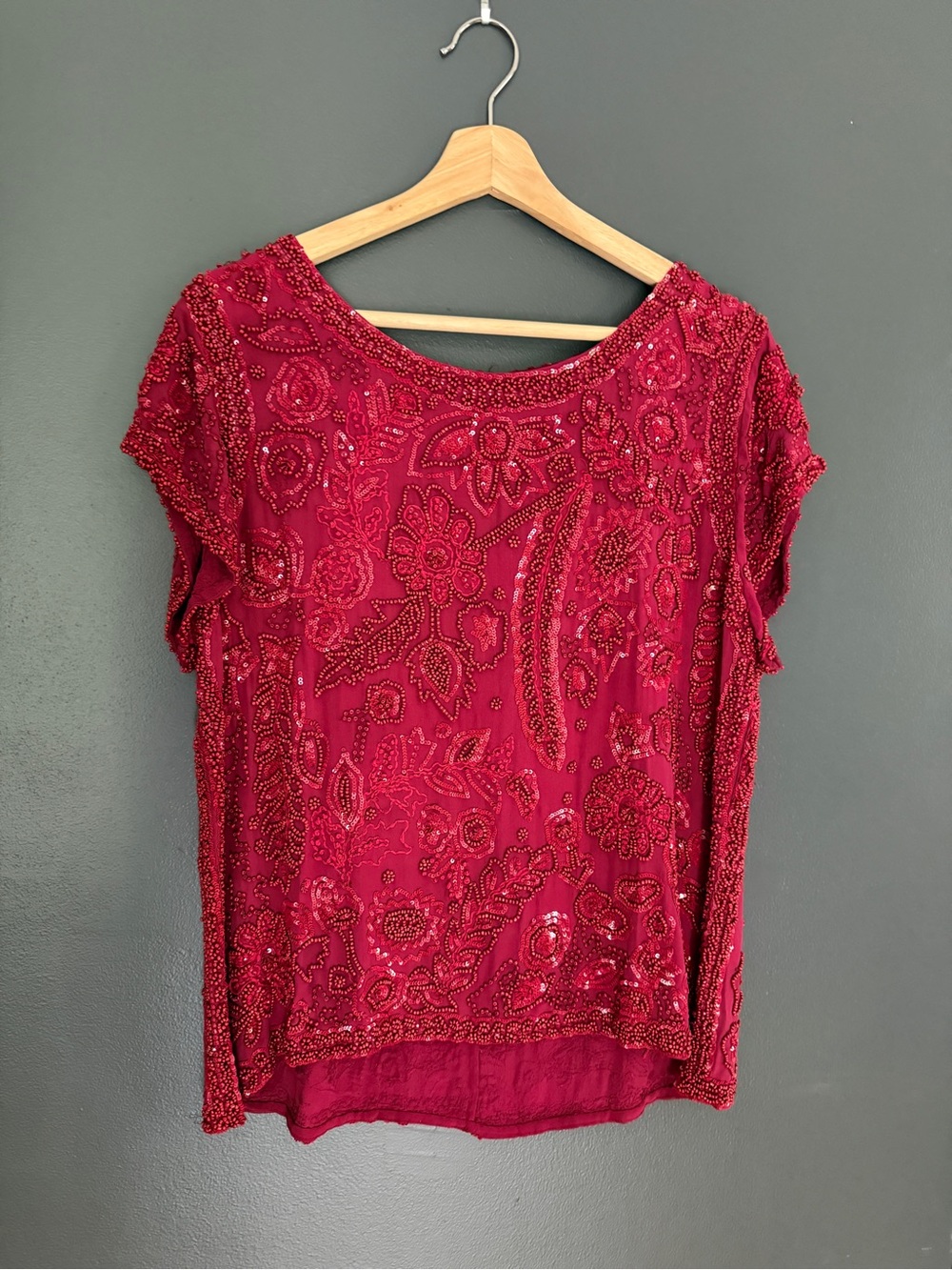 Calypso St Barts Cherry Red Beaded Floral Short-Sleeve Top 100% Silk